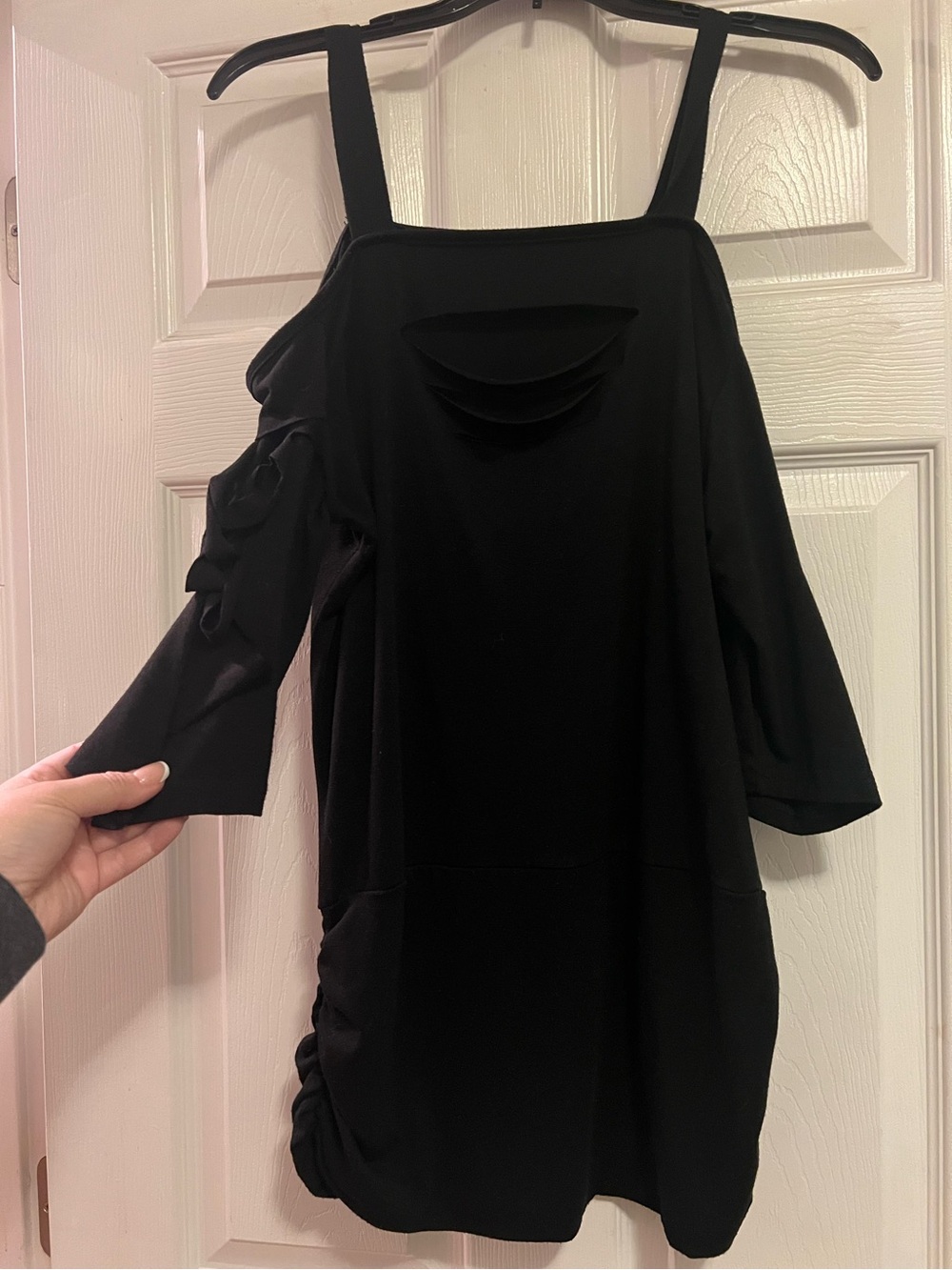 Black Cold-Shoulder Top with Distressed Cutouts On Chest & Arms- Size Medium - Picture 9 of 13